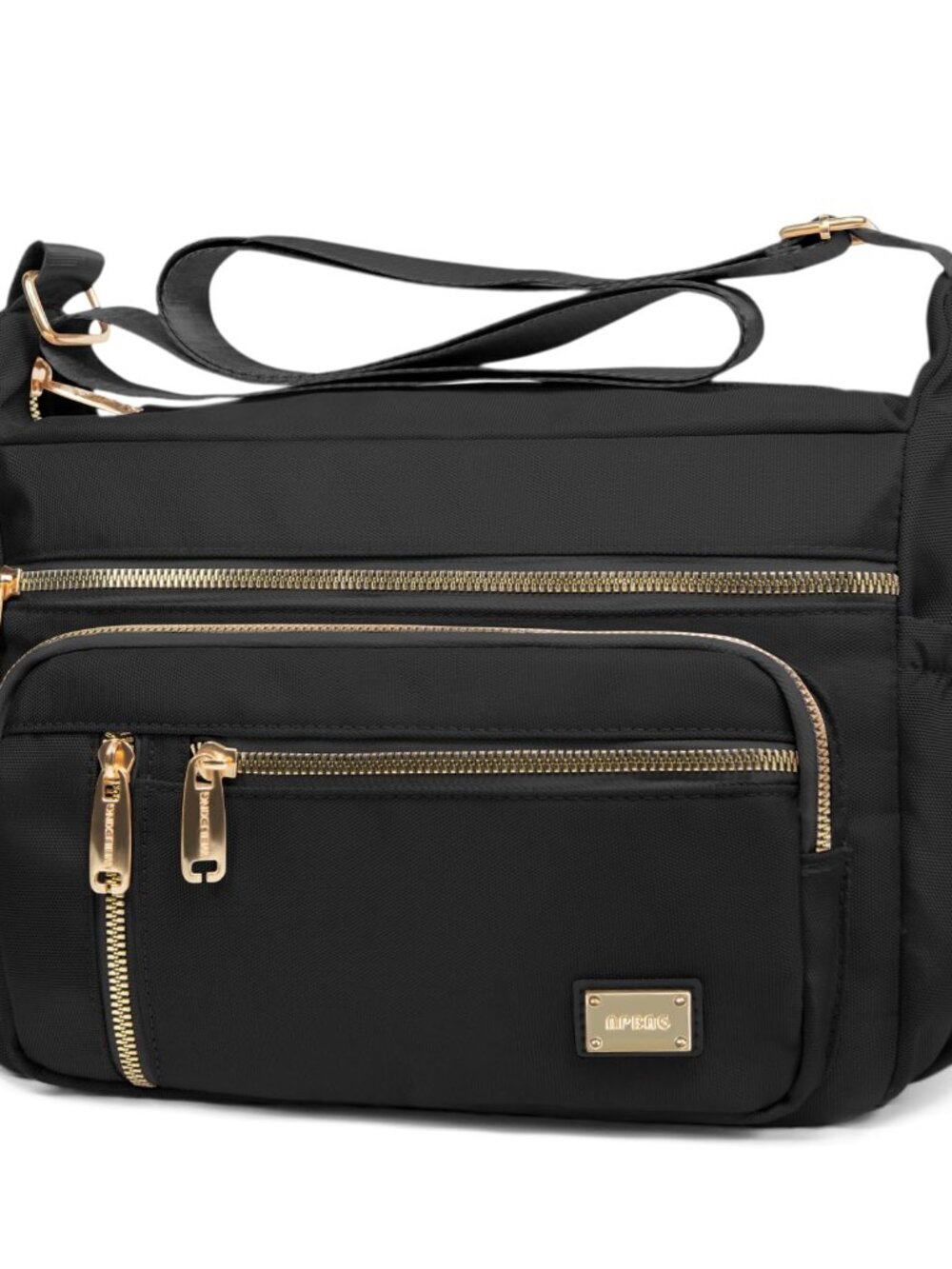 NPBAG Women’s Crossbody Shoulder Bag BLACK– Multi-Pocket, Gold-Tone Zippers, NWT
